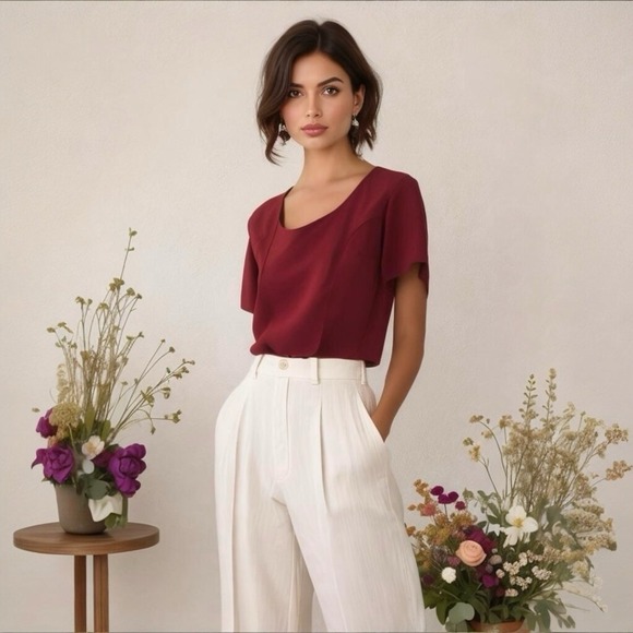 Vintage Tops - Vintage Calizo Burgundy Dressy Short Sleeve Blouse Top Womens Large Canada